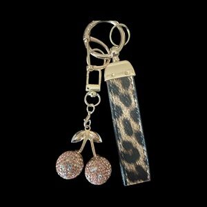 Leopard Print Keychain  bag charm with Cherry baby pink sparkly rhinestone